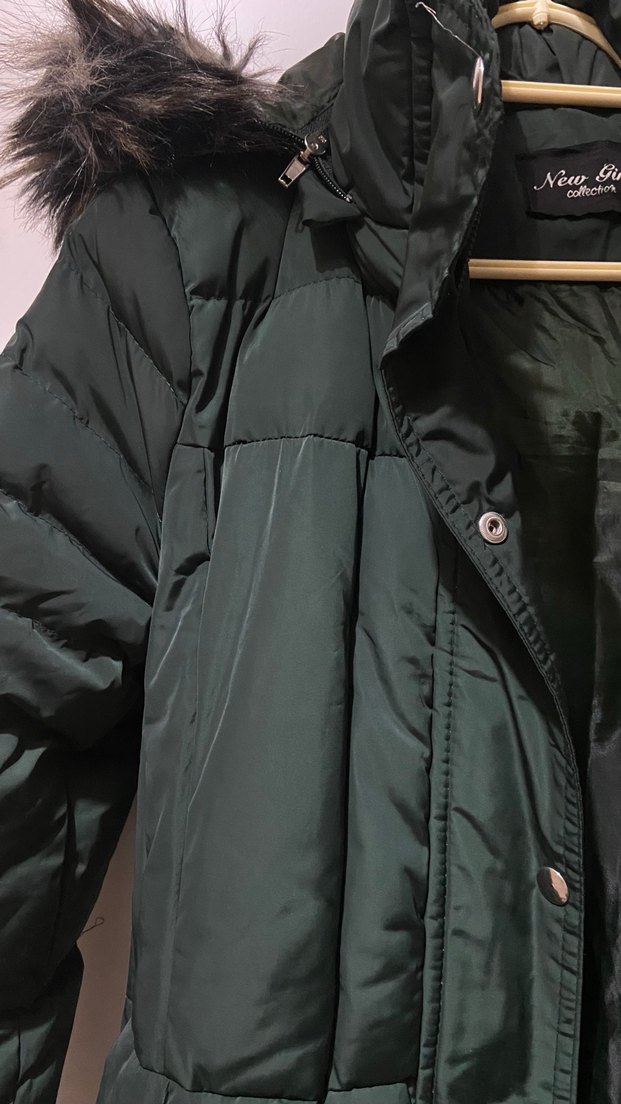 Uzun koyu zümrüt Kürklü Kadın Kışlık Mont - Görsel 5