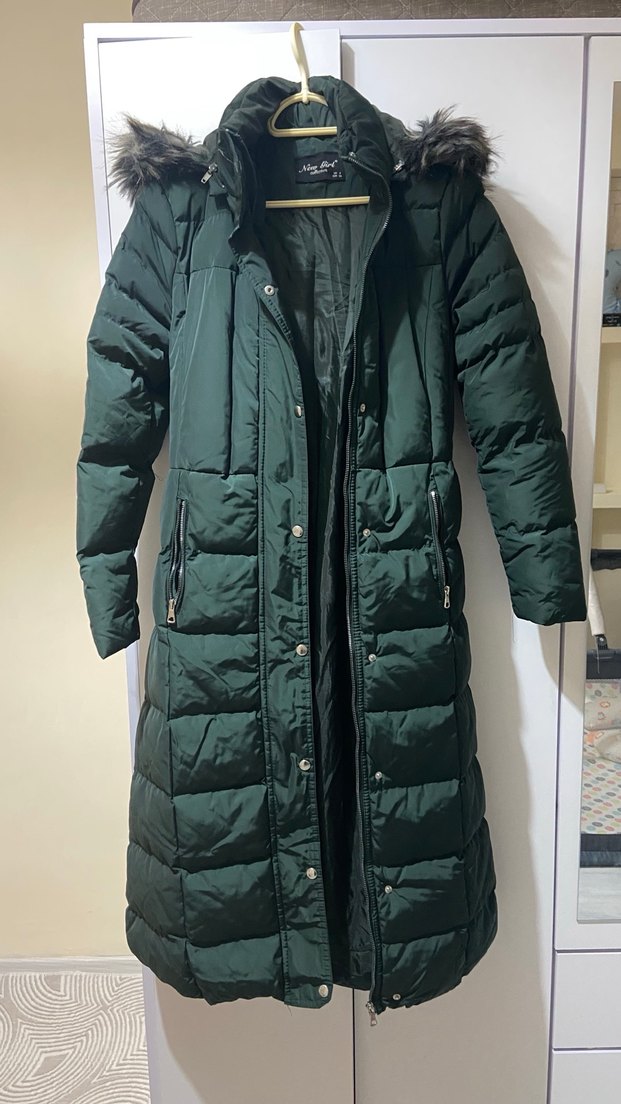 Uzun koyu zümrüt Kürklü Kadın Kışlık Mont - Görsel 3