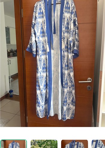 Zara Mavi Beyaz İkat Desenli Uzun Kimono