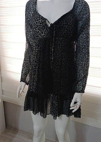 Diğer Leopar Desenli Siyah Mini Elbise