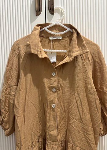 Bej Düğmeli Uzun Keten Elbise - Görsel 2