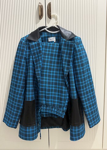 Düğmeli Mavi Ekose Mini Blazer takım - Görsel 2