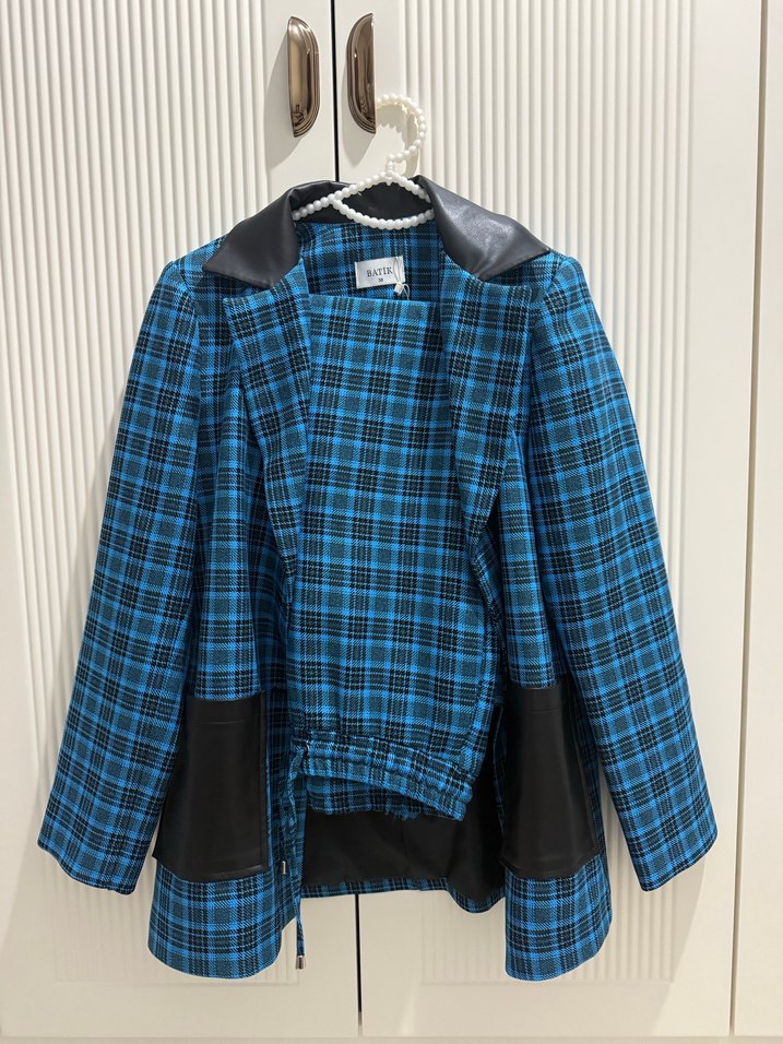 Düğmeli Mavi Ekose Mini Blazer takım - Görsel 2