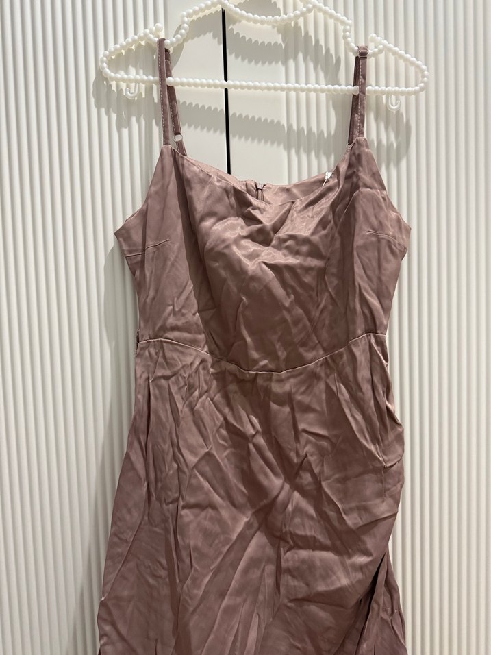 Drapeli Kahverengi Keten Uzun Elbise - Görsel 2