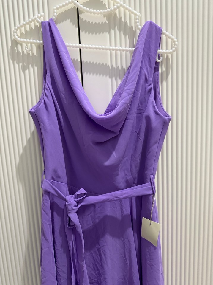 Mor Midi Drapeli Kolsuz Elbise - Görsel 2