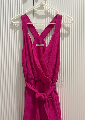 Uzun Askılı Pembe Drapeli Kadın Elbise - Görsel 2