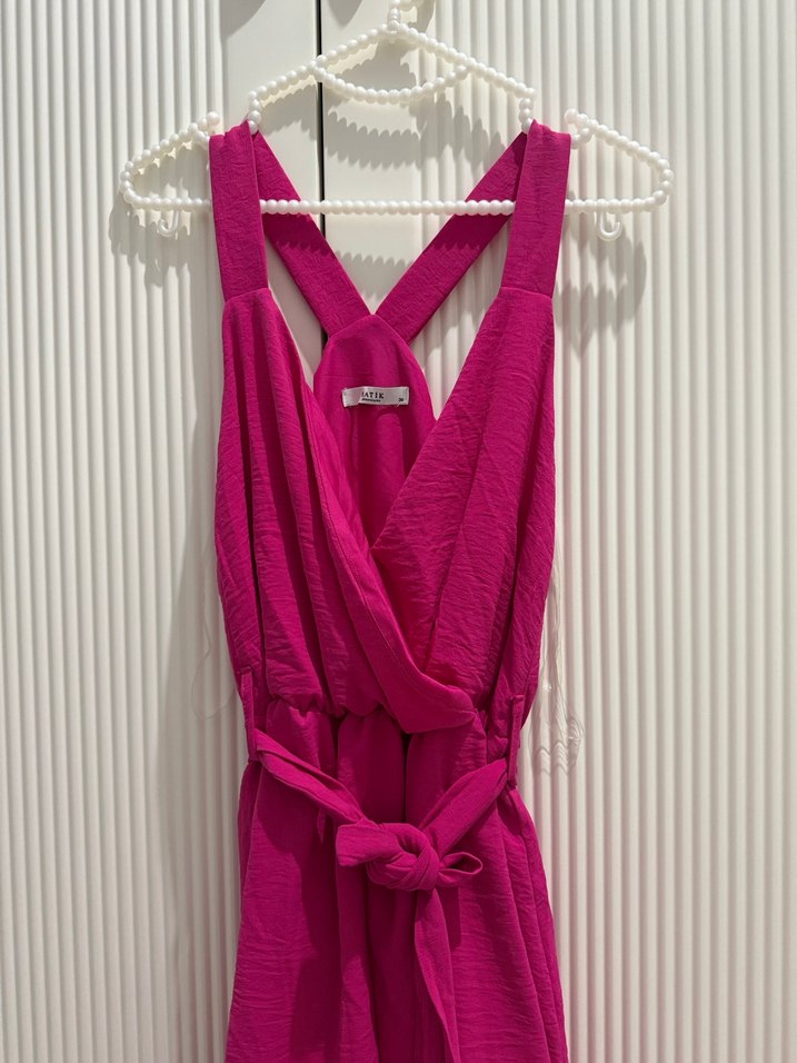 Uzun Askılı Pembe Drapeli Kadın Elbise - Görsel 2