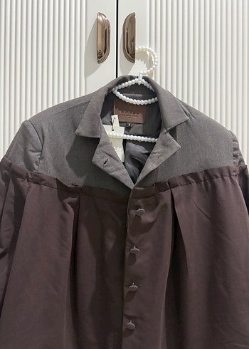 Düğmeli Kahverengi Gri Midi Kadın Ceket - Görsel 2