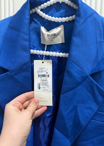 Düğmeli Mavi Keten Kadın Blazer Ceket - Görsel 2