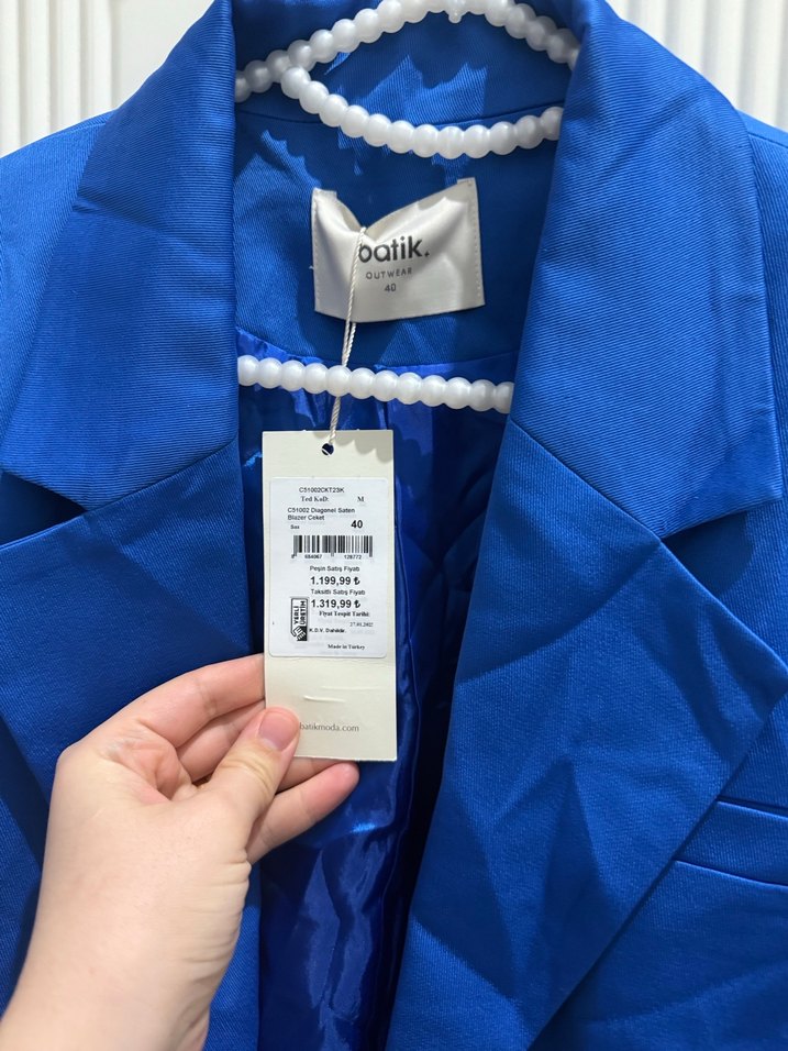 Düğmeli Mavi Keten Kadın Blazer Ceket - Görsel 2