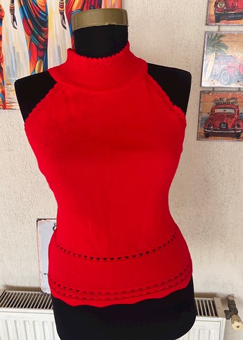 Zara Kırmızı Örgü Mini Yüksek Yakalı Kadın Bluz