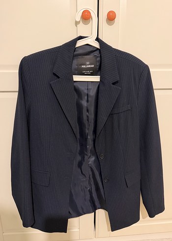 Pull and Bear Pull Bear Lacivert İnce Cizgili Klasik Blazer