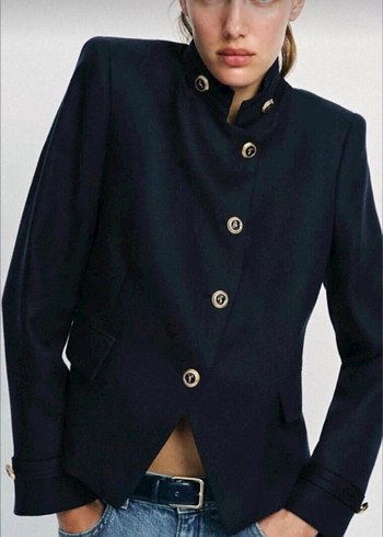 Zara Lacivert Asimetrik Dugmeli Blazer Ceket