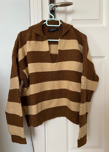 Kahverengi Çizgili Örgü Kadın Kazak - Görsel 4