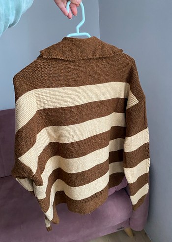 Kahverengi Çizgili Örgü Kadın Kazak - Görsel 2
