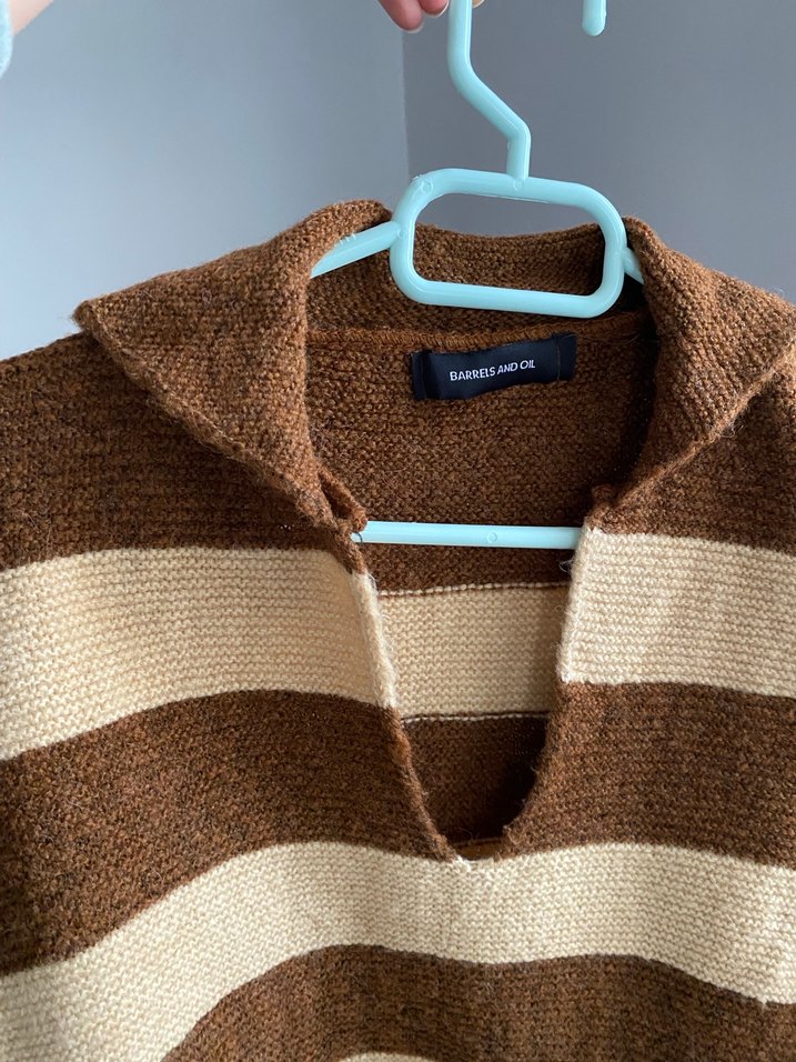 Kahverengi Çizgili Örgü Kadın Kazak - Görsel 3