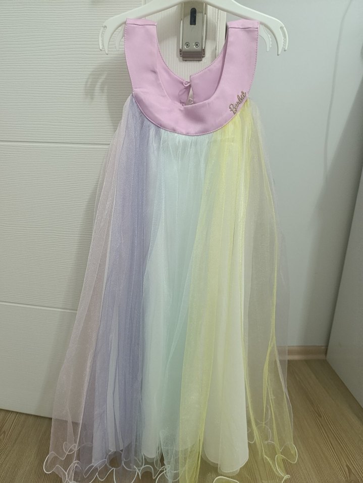 Barbie Pastel Renkli Kolsuz Kız Elbisesi - Görsel 5