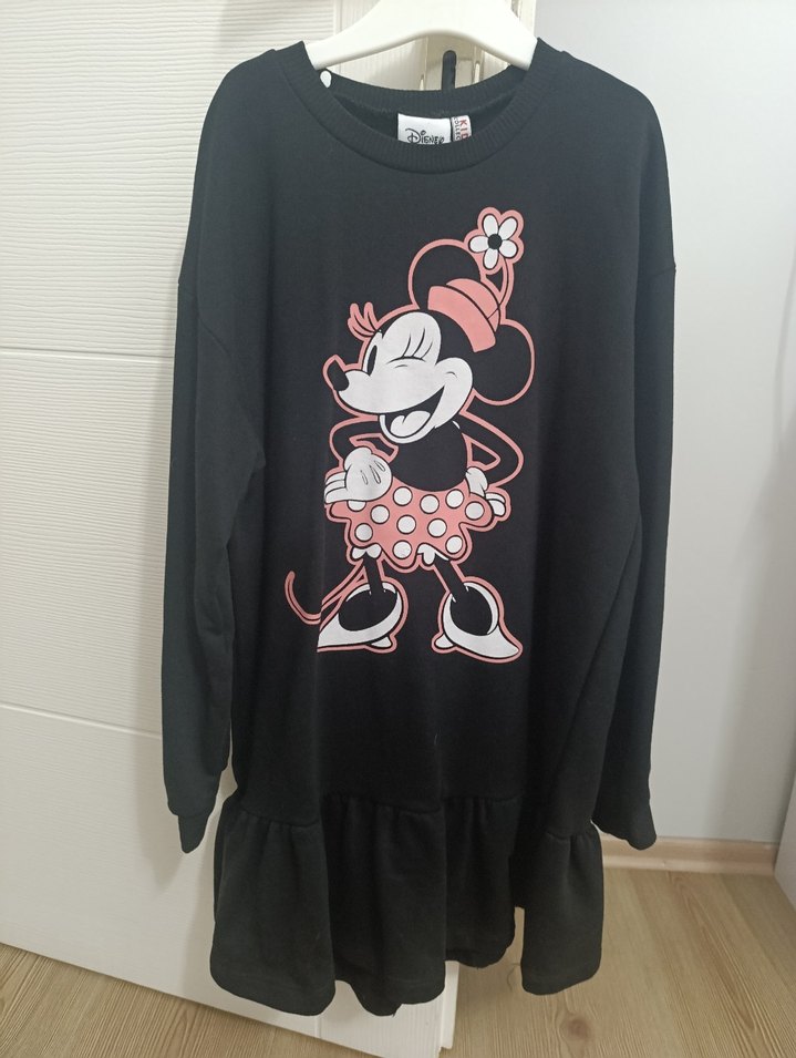 Uzun Kollu Siyah Kız Elbisesi Minnie Desenli - Görsel 3