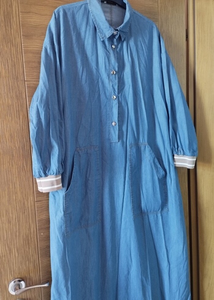 İnce kot uzun elbise iki cepli - Görsel 2