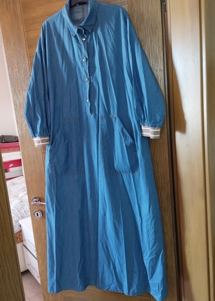 İnce kot uzun elbise iki cepli - Görsel 3