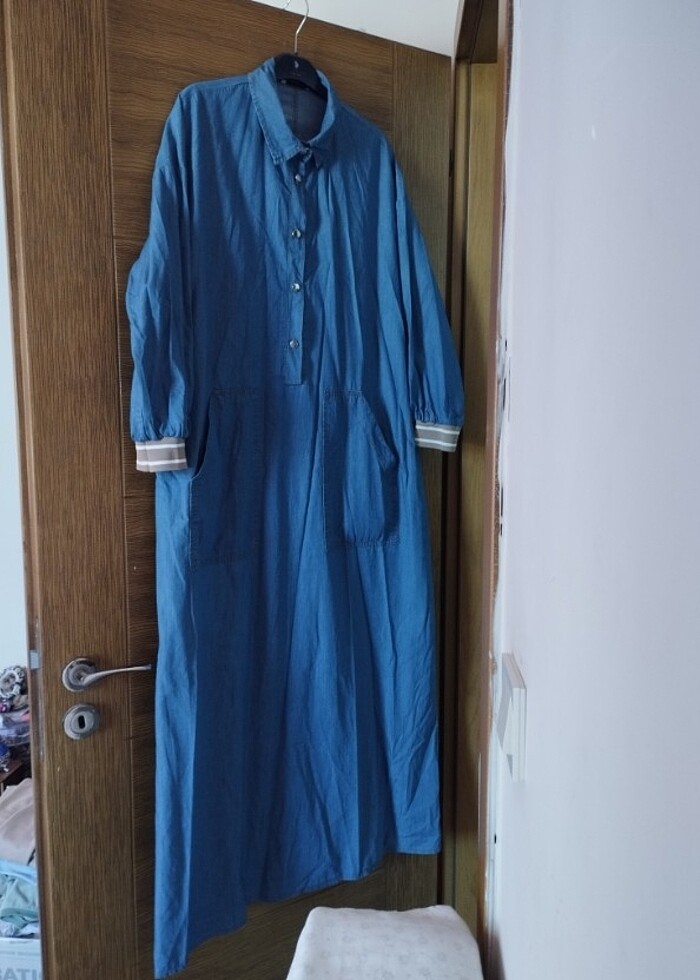 İnce kot uzun elbise iki cepli - Görsel 4