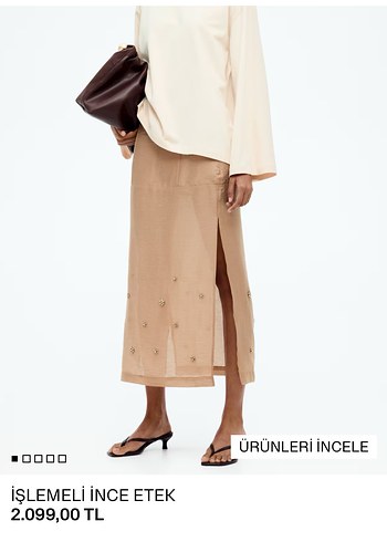 H&M Boncuk İşlemeli Bej Uzun Saten Etek - Görsel 3