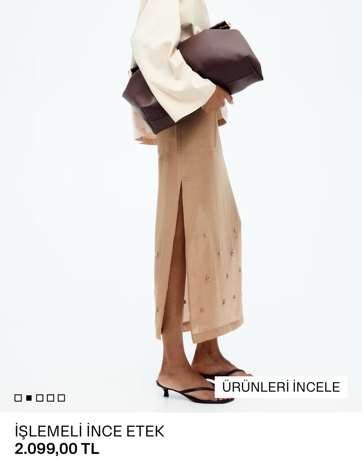 H&M Boncuk İşlemeli Bej Uzun Saten Etek - Görsel 2