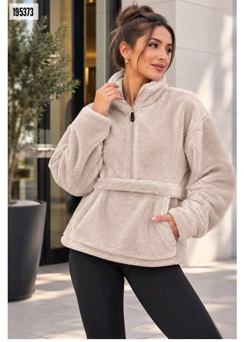 Vero Moda Bej Pelus Yarim Fermuarli Rahat Hirka