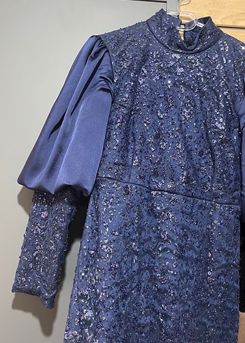 Lacivert Uzun Kol Drapeli Abiye Elbise - Görsel 2