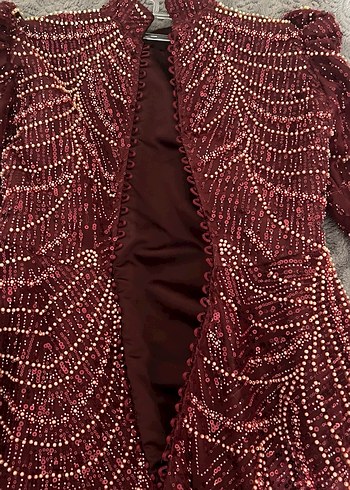 Boncuk İşlemeli Bordo Uzun Henna Elbise - Görsel 5