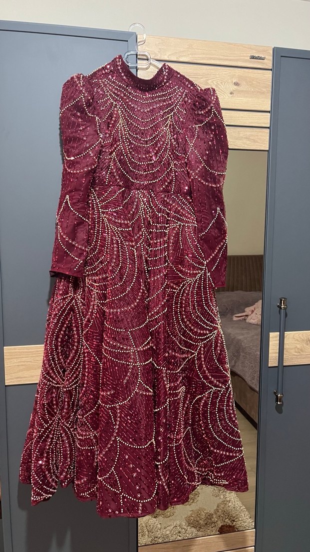 Boncuk İşlemeli Bordo Uzun Henna Elbise - Görsel 2