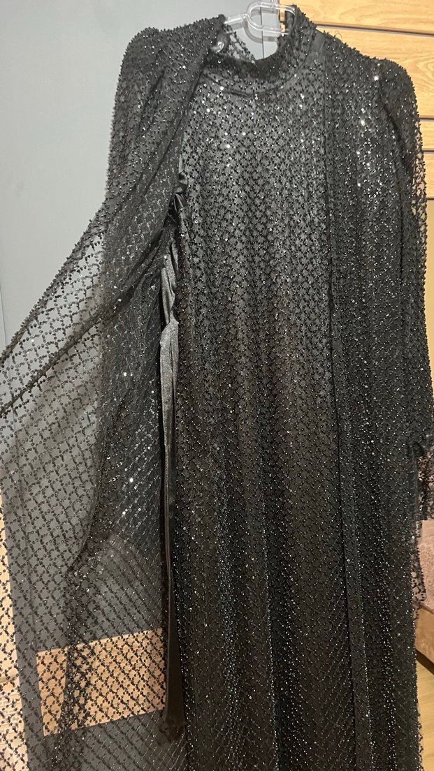 Uzun Kollu Siyah Gotik Kadın Abiye Elbise - Görsel 2