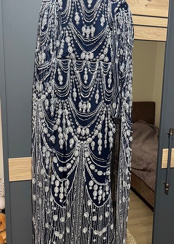 Boncuk İşlemeli Lacivert Uzun Abiye Elbise - Görsel 2