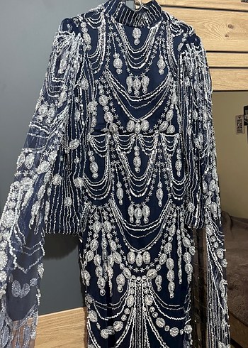 Boncuk İşlemeli Lacivert Uzun Abiye Elbise - Görsel 3