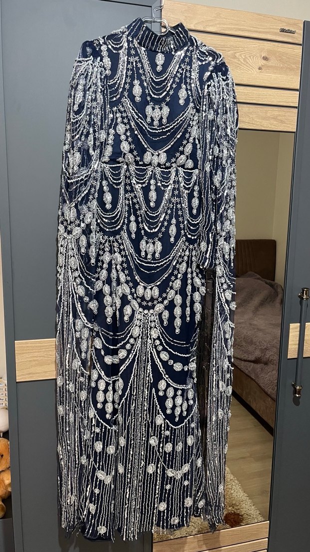 Boncuk İşlemeli Lacivert Uzun Abiye Elbise - Görsel 2