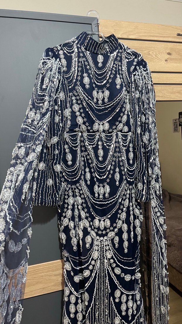 Boncuk İşlemeli Lacivert Uzun Abiye Elbise - Görsel 3