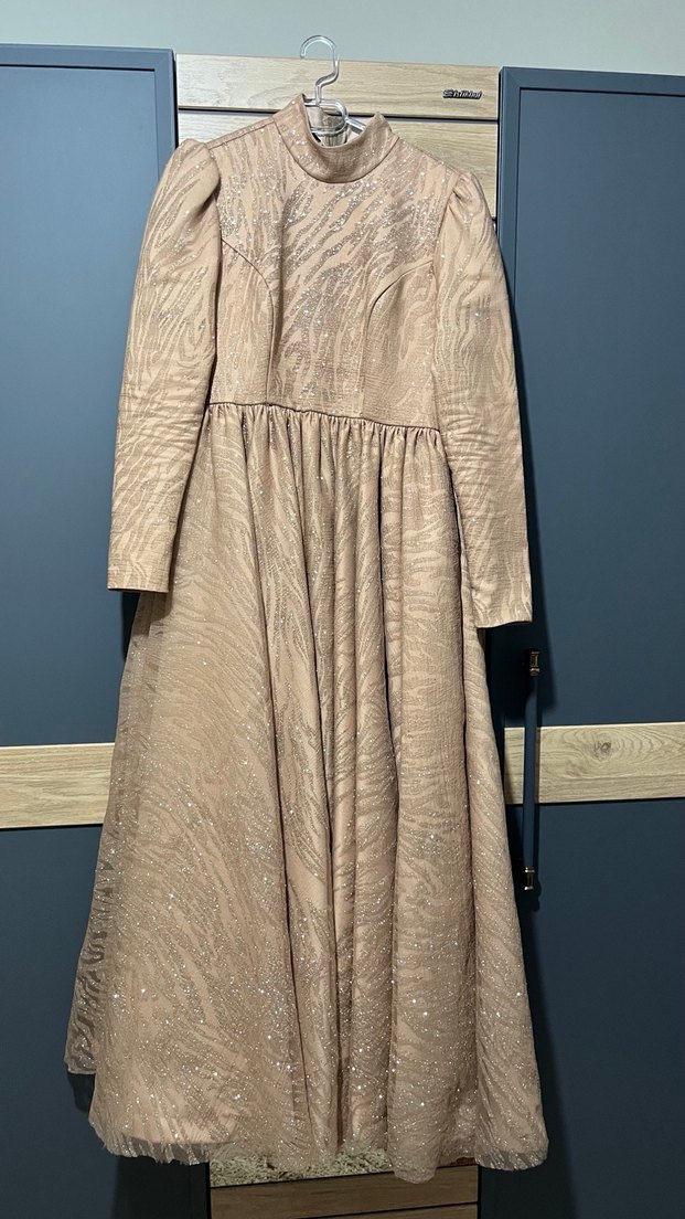 Bej Uzun Kollu İşlemeli Abiye Elbise - Görsel 2