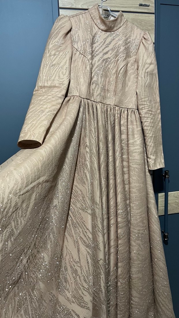 Bej Uzun Kollu İşlemeli Abiye Elbise - Görsel 3