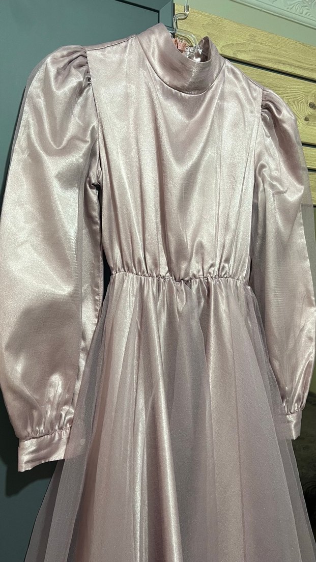 Pembe Uzun Kollu Drapeli Abiye Elbise - Görsel 2