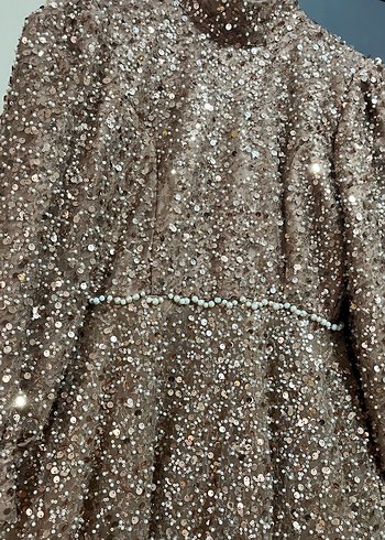 Parlak Kahverengi Uzun Kollu Abiye Elbise - Görsel 2