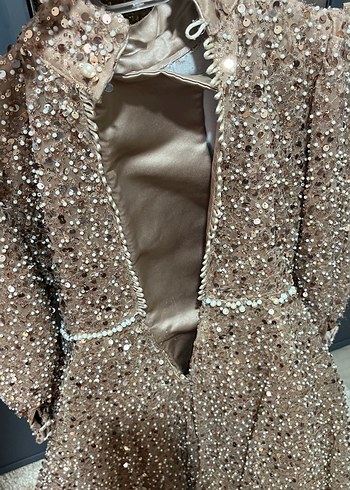 Parlak Kahverengi Uzun Kollu Abiye Elbise - Görsel 3