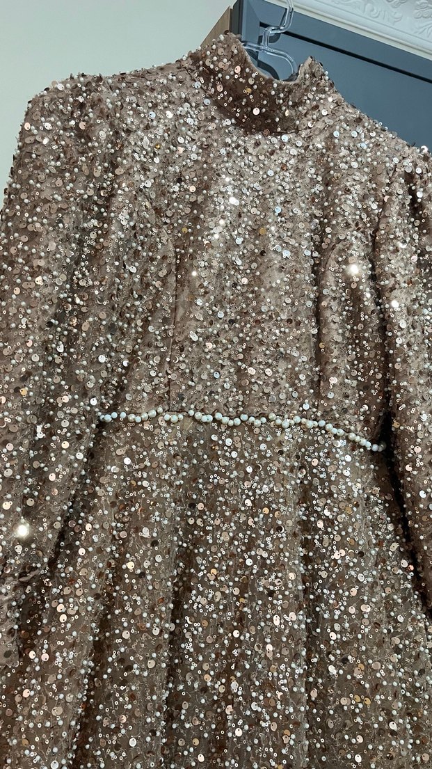 Parlak Kahverengi Uzun Kollu Abiye Elbise - Görsel 2