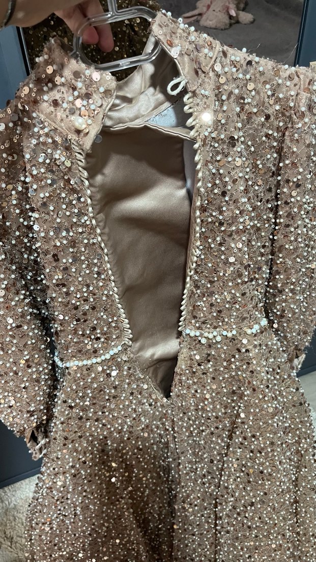 Parlak Kahverengi Uzun Kollu Abiye Elbise - Görsel 3