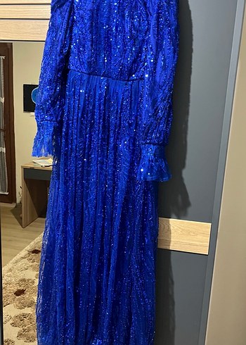 Mavi Uzun Kollu İşlemeli Abiye Elbise - Görsel 2