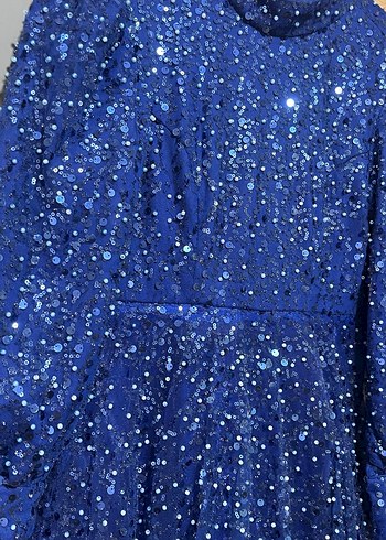 Parlak Mavi Uzun Kollu Abiye Elbise - Görsel 3