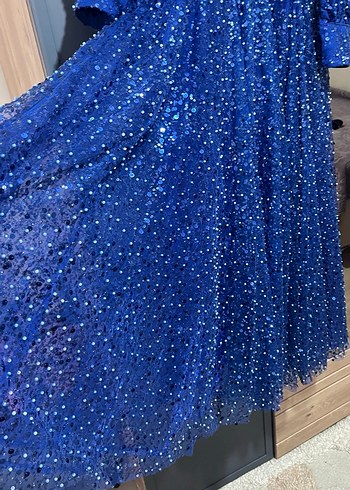 Parlak Mavi Uzun Kollu Abiye Elbise - Görsel 5