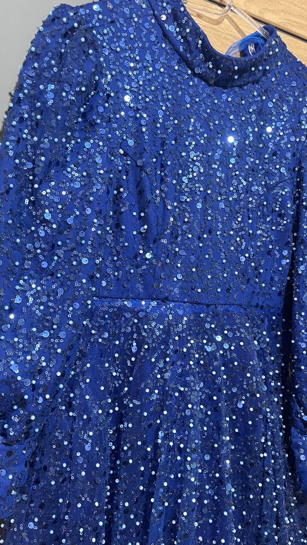 Parlak Mavi Uzun Kollu Abiye Elbise - Görsel 3