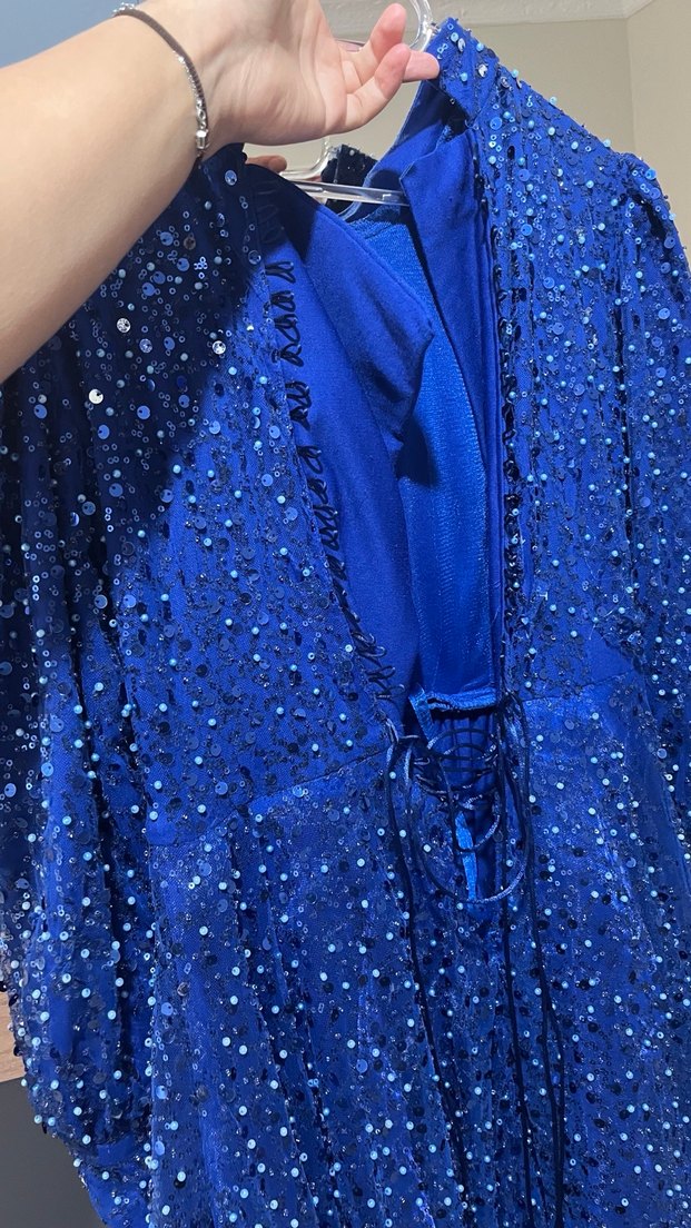 Parlak Mavi Uzun Kollu Abiye Elbise - Görsel 4