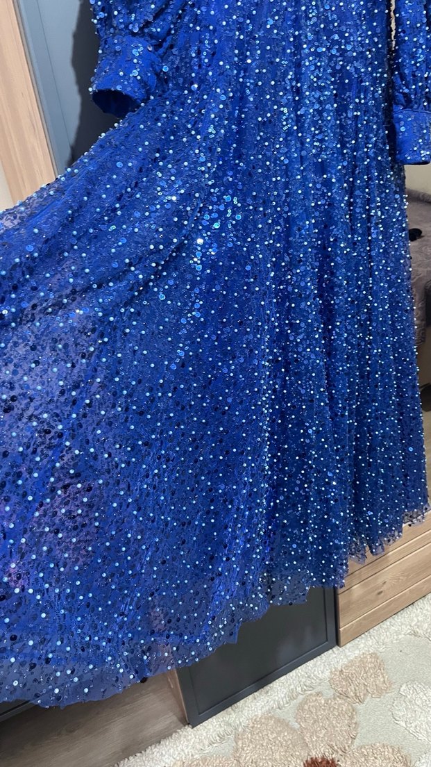 Parlak Mavi Uzun Kollu Abiye Elbise - Görsel 5