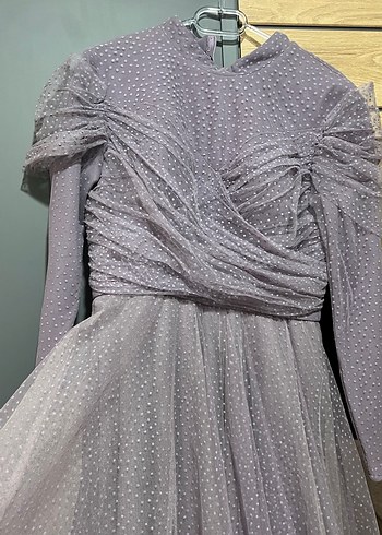 Mor Uzun Kollu Drapeli Kadın Abiye Elbise - Görsel 2